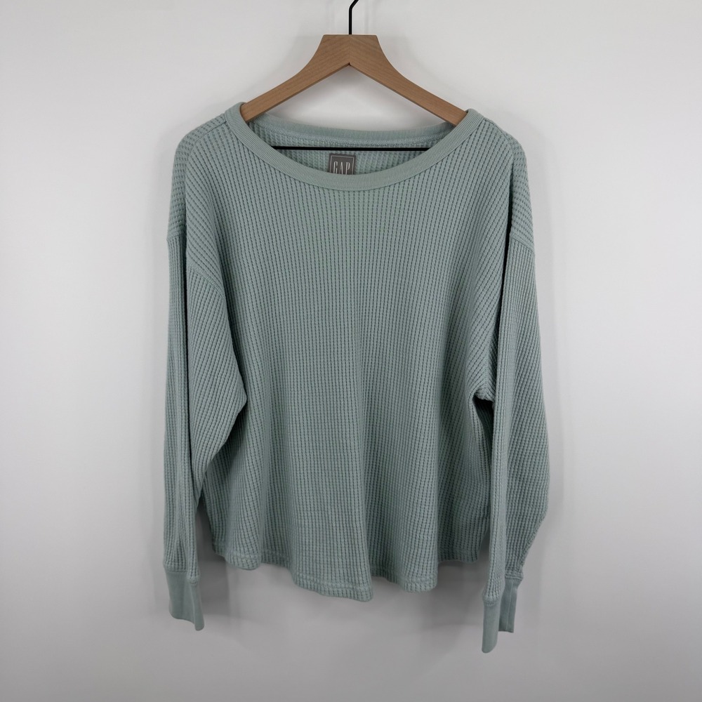 Gap‎ Sweats Top Womens XL Sage Green Waffle Knit Long Sleeve Crewneck